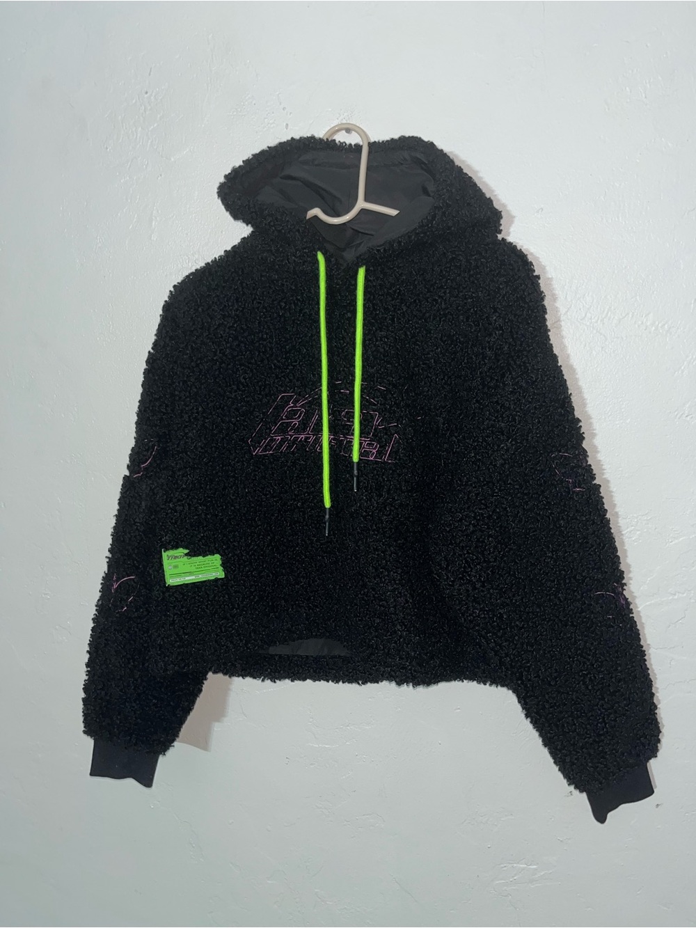 NWT Taka Original $90 Black Fuzzy Sherpa Hoodie Coat Sweatshirt Neon Details